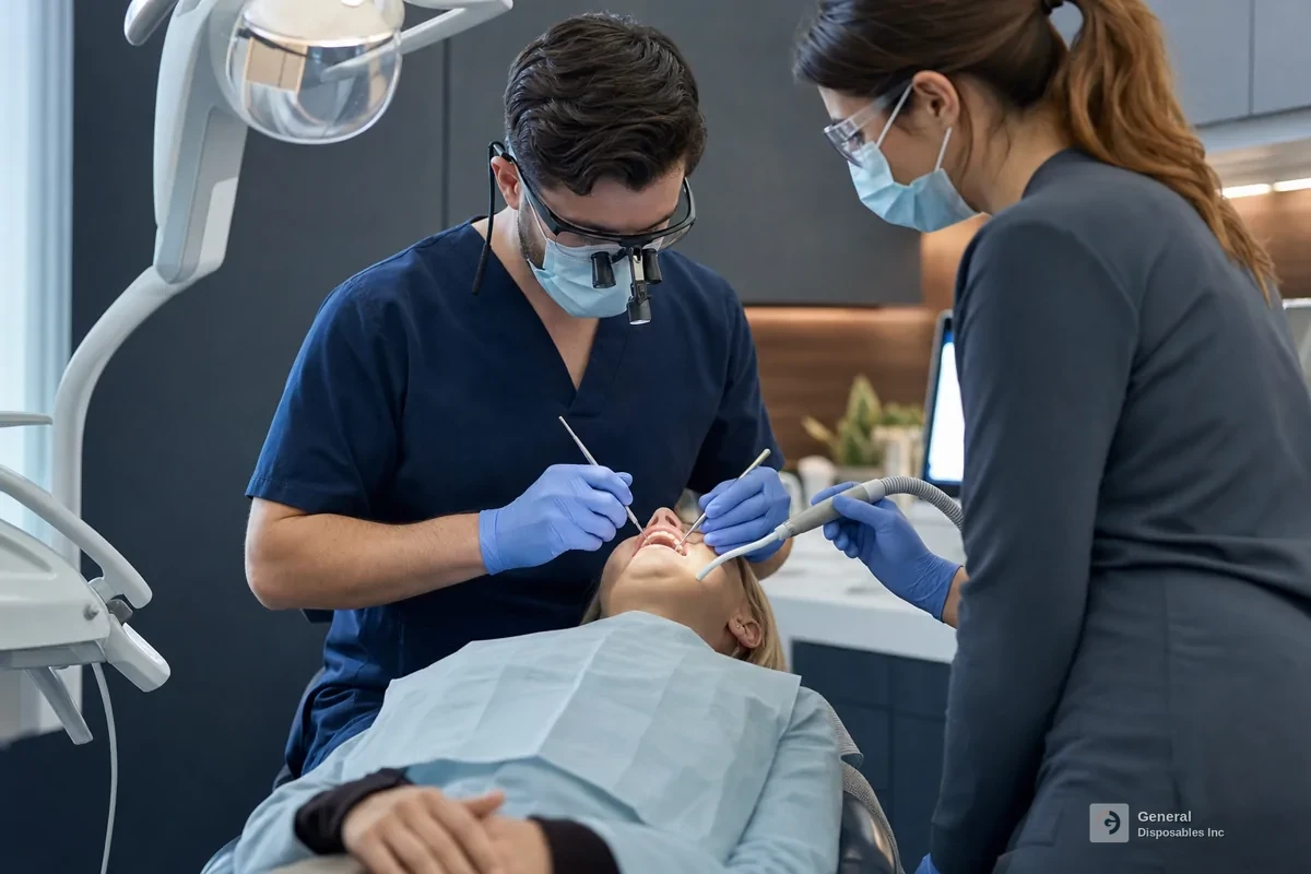 Dentist and assistant in gloves treating a patient in a dental operatory