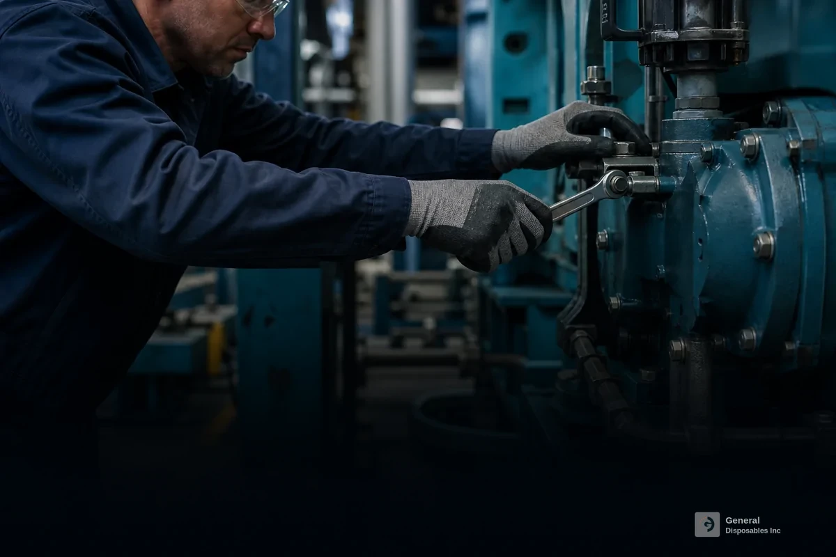 Maintenance technician in work gloves tightening a bolt on industrial equipment