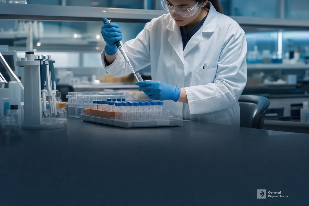 Laboratory technician in gloves pipetting samples into a tube rack